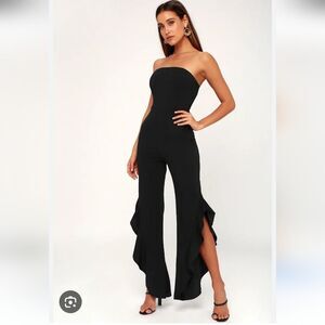 Lulu's After Midnight Black Strapless Ruffle Leg Jumpsuit Size S